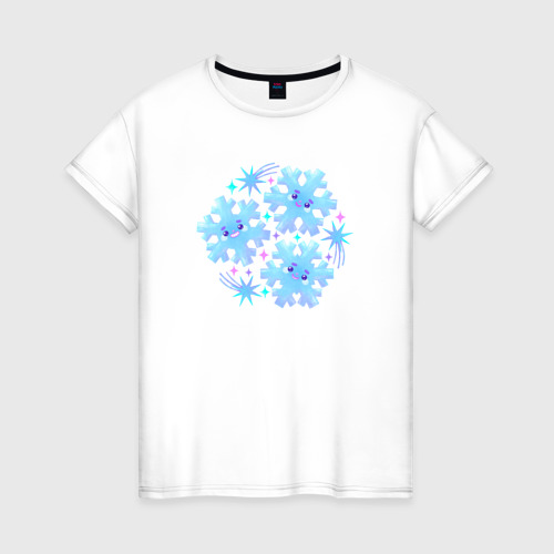 Женская футболка из хлопка с принтом Три забавные снежинки с разноцветными звездами, вид спереди №1