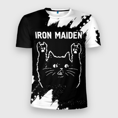 Мужская футболка 3D Slim Группа Iron Maiden и рок кот, цвет 3D печать