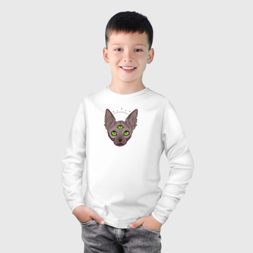 Детский лонгслив хлопок с принтом Просветленный трехглазый кот, фото на моделе #1