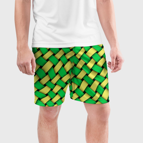 Мужские шорты спортивные Жёлто-зелёная плетёнка - оптическая иллюзия, цвет 3D печать - фото 3