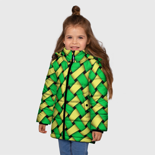 Зимняя куртка для девочек 3D Жёлто-зелёная плетёнка - оптическая иллюзия, цвет черный - фото 3