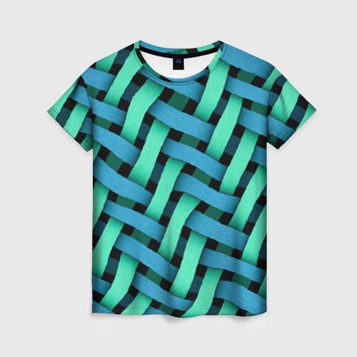 Женская футболка с принтом Сине-зелёная плетёнка - оптическая иллюзия, вид спереди №1