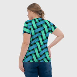 Футболка с принтом Сине-зелёная плетёнка - оптическая иллюзия для женщины, вид на модели сзади №3. Цвет основы: белый