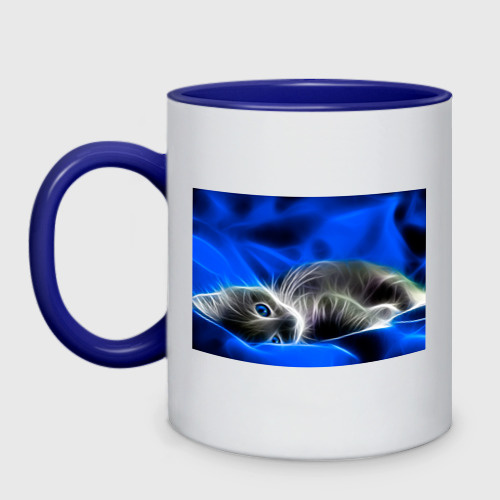 Кружка двухцветная с принтом Спящий неоновый котёнок на синем фоне, вид спереди #2