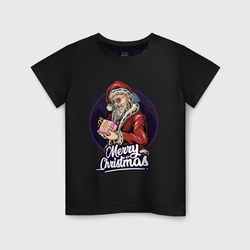 Детская футболка хлопок с принтом Санта с подарком, вид спереди #2