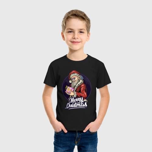 Детская футболка хлопок с принтом Санта с подарком, фото на моделе #1