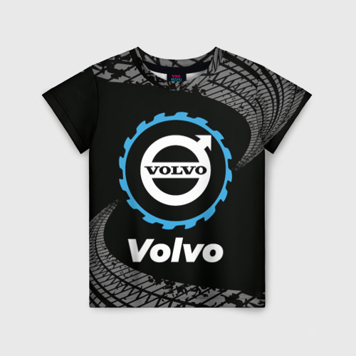 Детская футболка 3D с принтом Volvo в стиле Top Gear со следами шин на фоне, вид спереди #2