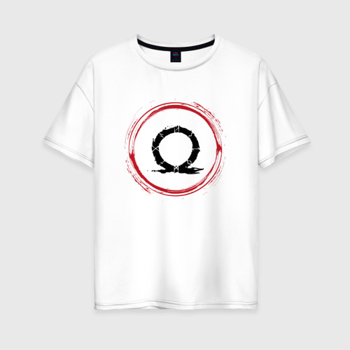 Женская футболка хлопок Oversize с принтом Символ God of War и красная краска вокруг, вид спереди #2