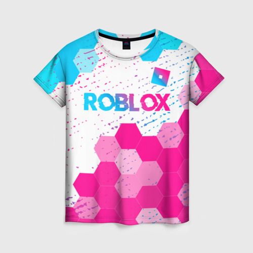 Женская футболка 3D с принтом Roblox neon gradient style: символ сверху, вид спереди #2