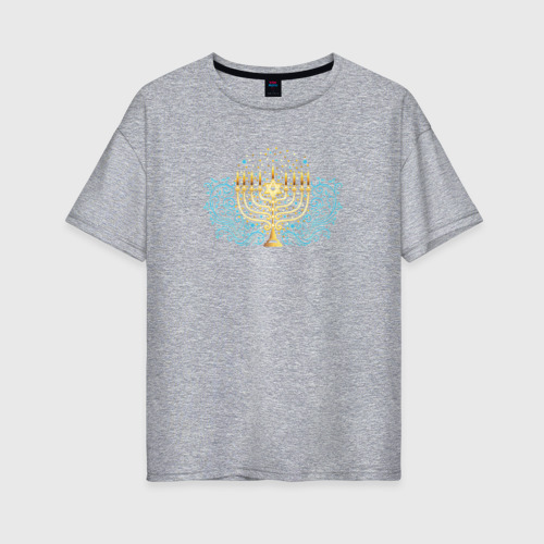 Женская футболка хлопок Oversize с принтом Золотая менора с синим цветочным узором, вид спереди #2