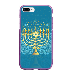 Чехол для iPhone 7Plus/8 Plus матовый Золотая менора с синим цветочным орнаментом