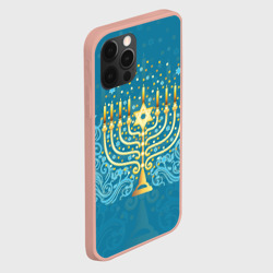 Чехол для iPhone 12 Pro Max Золотая менора с синим цветочным орнаментом - фото 2