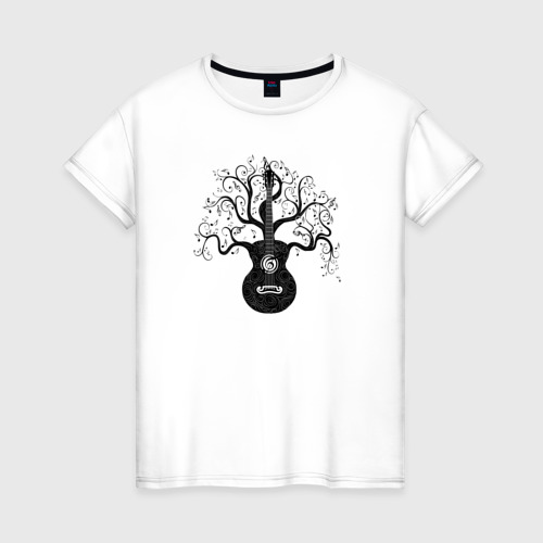 Женская футболка хлопок Разросшееся дерево гитара с музыкальными нотами