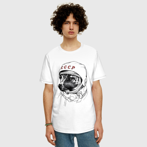 Мужская футболка хлопок Oversize Лайка собака космонавт СССР, цвет белый - фото 3