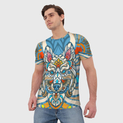 Мужская футболка 3D Волк в узорах на нежном цветочном фоне - фото 2