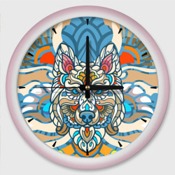 Волк в узорах на нежном цветочном фоне – Настенные часы круглые с принтом купить