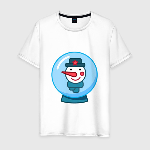 Мужская футболка из хлопка с принтом Портрет снеговика в снежном шаре, вид спереди №1
