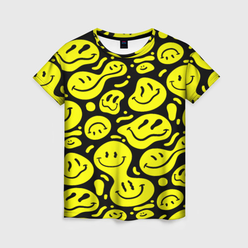 Женская футболка 3D с принтом Кислотный желтый смайлик, вид спереди #2