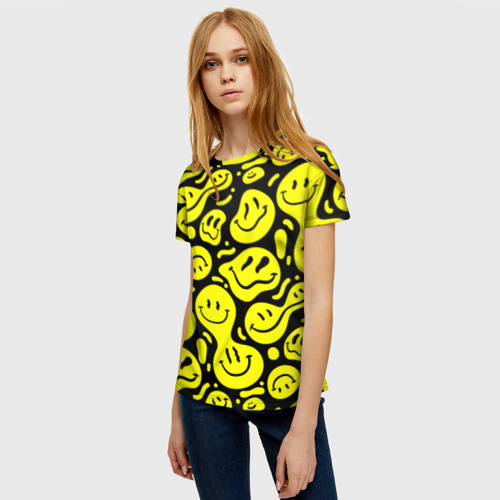 Женская футболка 3D с принтом Кислотный желтый смайлик, фото на моделе #1