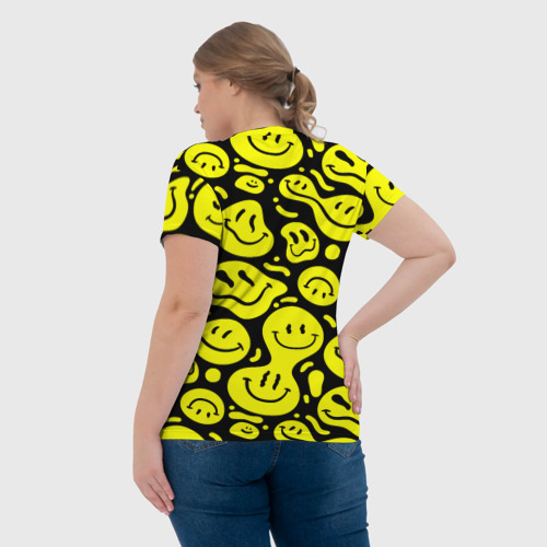Женская футболка 3D с принтом Кислотный желтый смайлик, вид сзади #2