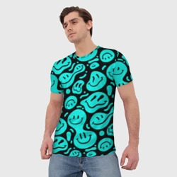 Мужская футболка 3D С голубыми неоновыми смайликами - фото 2