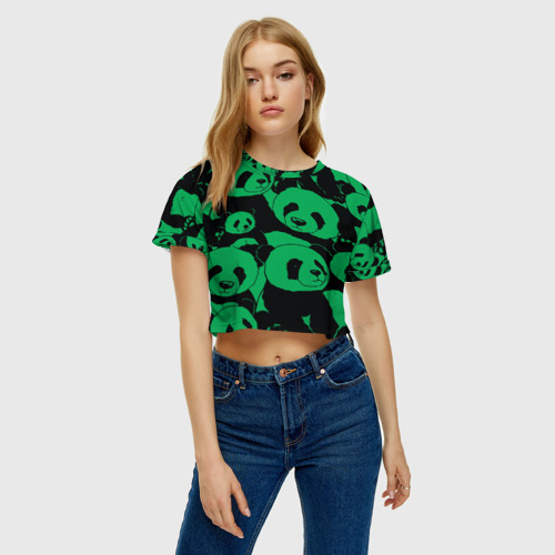 Женская футболка Crop-top 3D Panda green pattern, цвет 3D печать - фото 3