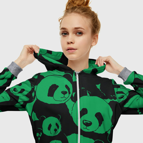 Женская толстовка 3D на молнии Panda green pattern, цвет меланж - фото 5