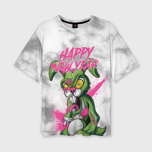 Женская футболка oversize 3D Zombie rabbit Happy new year, цвет 3D печать