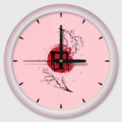 Цветущая сакура с иероглифом cолнце – Настенные часы круглые с принтом купить