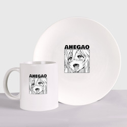 Набор: тарелка + кружка Девушка ахегао с черным логотипом