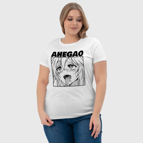 Женская футболка хлопок с принтом Девушка ахегао с черным логотипом, фото #4