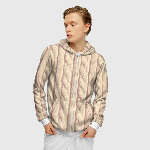 Мужская толстовка 3D на молнии с принтом Светлый вязаный свитер, фото на моделе #1