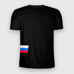 Футболка с принтом Россия и три линии на черном фоне для мужчины, вид сзади №1. Цвет основы: белый