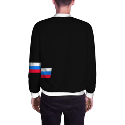 Бомбер с принтом Россия и три линии на черном фоне для мужчины, вид на модели сзади №2. Цвет основы: белый