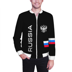Бомбер с принтом Россия и три линии на черном фоне для мужчины, вид на модели спереди №2. Цвет основы: белый