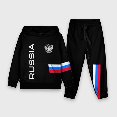 Детский костюм с толстовкой 3D Россия и три линии на черном фоне, цвет черный