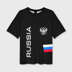Женская футболка oversize 3D Россия и три линии на черном фоне