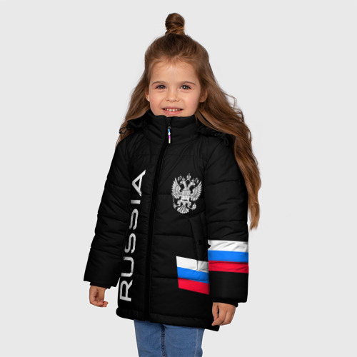 Зимняя куртка для девочек 3D Россия и три линии на черном фоне, цвет черный - фото 3