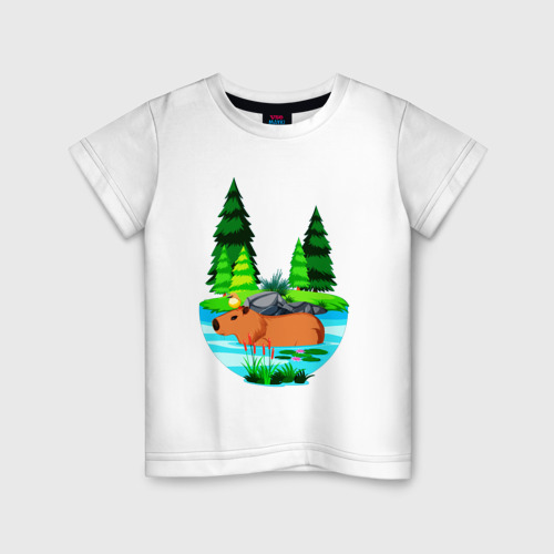 Детская футболка из хлопка с принтом Капибара в лесном озере, вид спереди №1