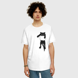 Футболка с принтом Черный котик в кармане для мужчины, вид на модели спереди №2. Цвет основы: белый