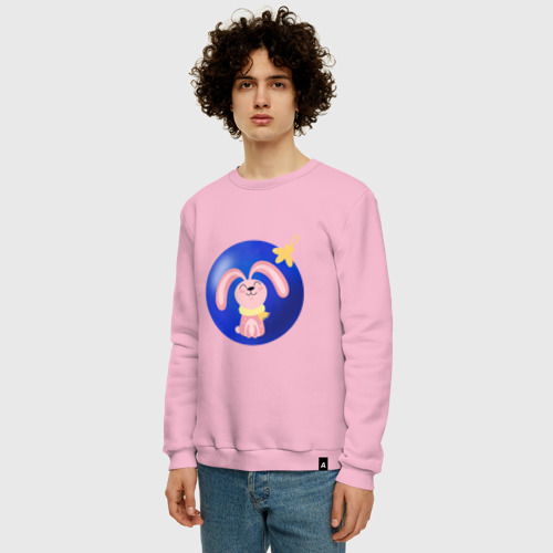 Мужской свитшот хлопок с принтом Розовый кролик в елочном шаре, фото на моделе #1