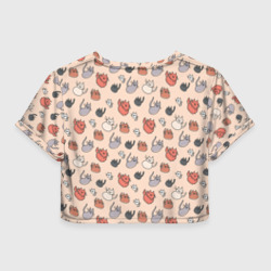 Топик (короткая футболка или блузка, не доходящая до середины живота) с принтом Коты рисованные для женщины, вид сзади №1. Цвет основы: белый