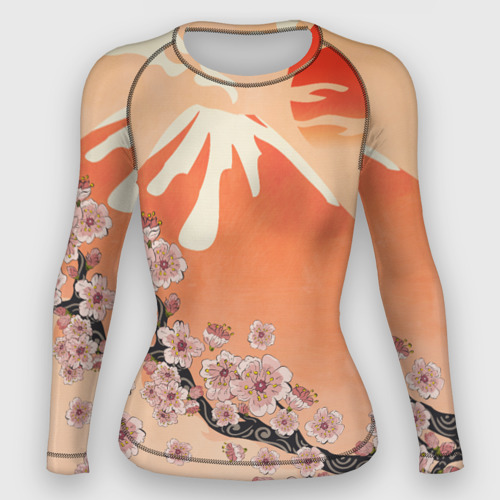 Женский рашгард 3D с принтом Ветка цветущей сакуры и вулкан, вид спереди #2
