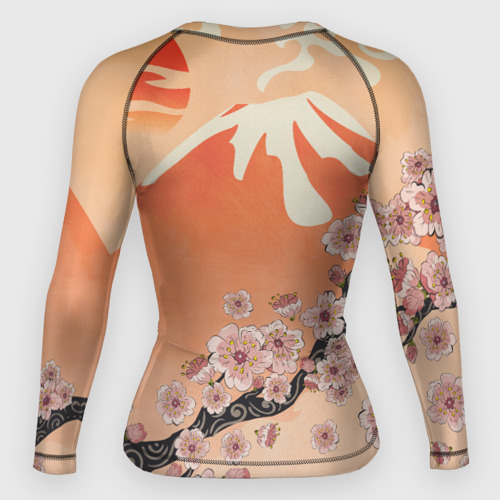 Женский рашгард 3D с принтом Ветка цветущей сакуры и вулкан, вид сзади #1