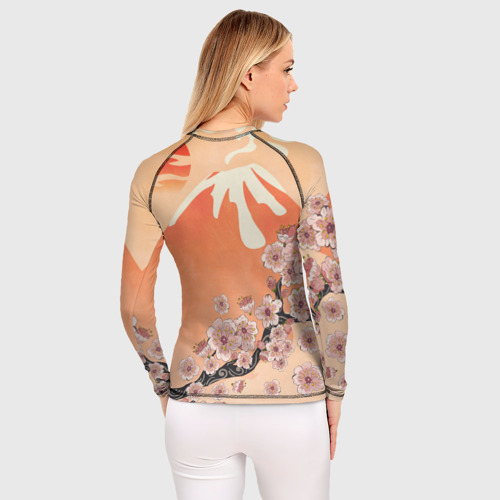 Женский рашгард 3D с принтом Ветка цветущей сакуры и вулкан, вид сзади #2