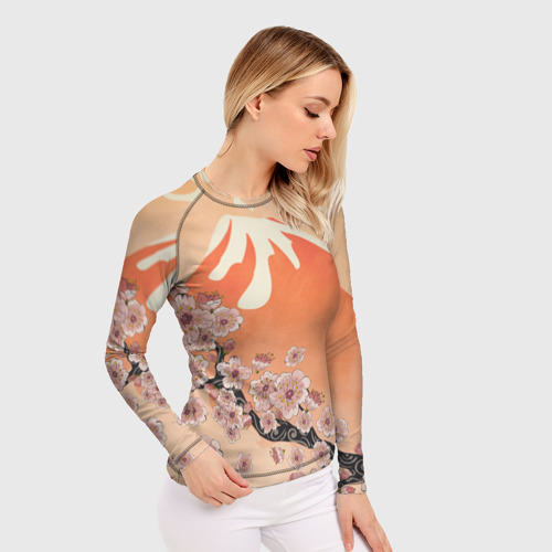 Женский рашгард 3D с принтом Ветка цветущей сакуры и вулкан, фото на моделе #1