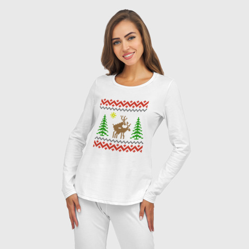 Женская пижама с лонгсливом хлопок Весёлые олени, цвет белый - фото 5