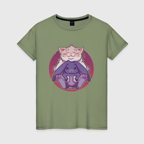 Женская футболка хлопок с принтом Новогодние друзья: кот и кролик, вид спереди #2