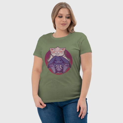 Женская футболка хлопок с принтом Новогодние друзья: кот и кролик, фото #4