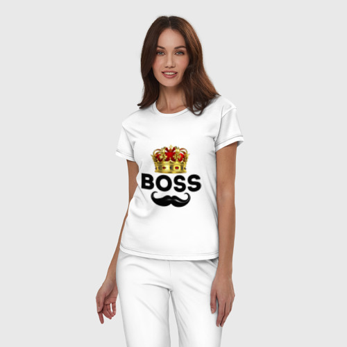 Женская пижама хлопок Boss и корона с усами, цвет белый - фото 3